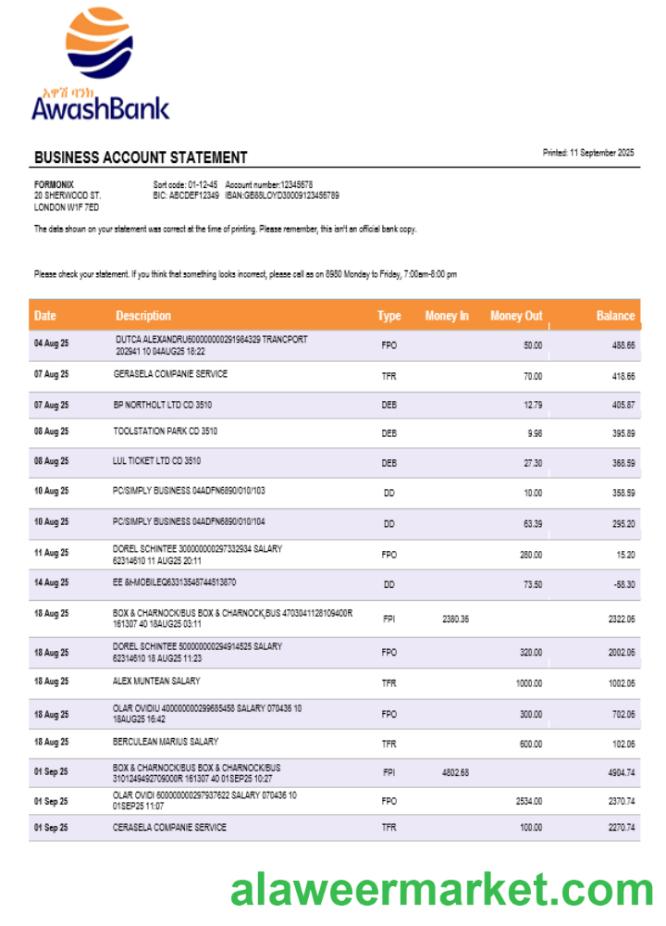 Awash Bank firm account statement Word and PDF template